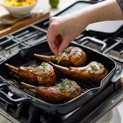 Enameled Cast Iron, Grill Pan With Acacia Wood Trivet, 11 Inch><noscript><img width=